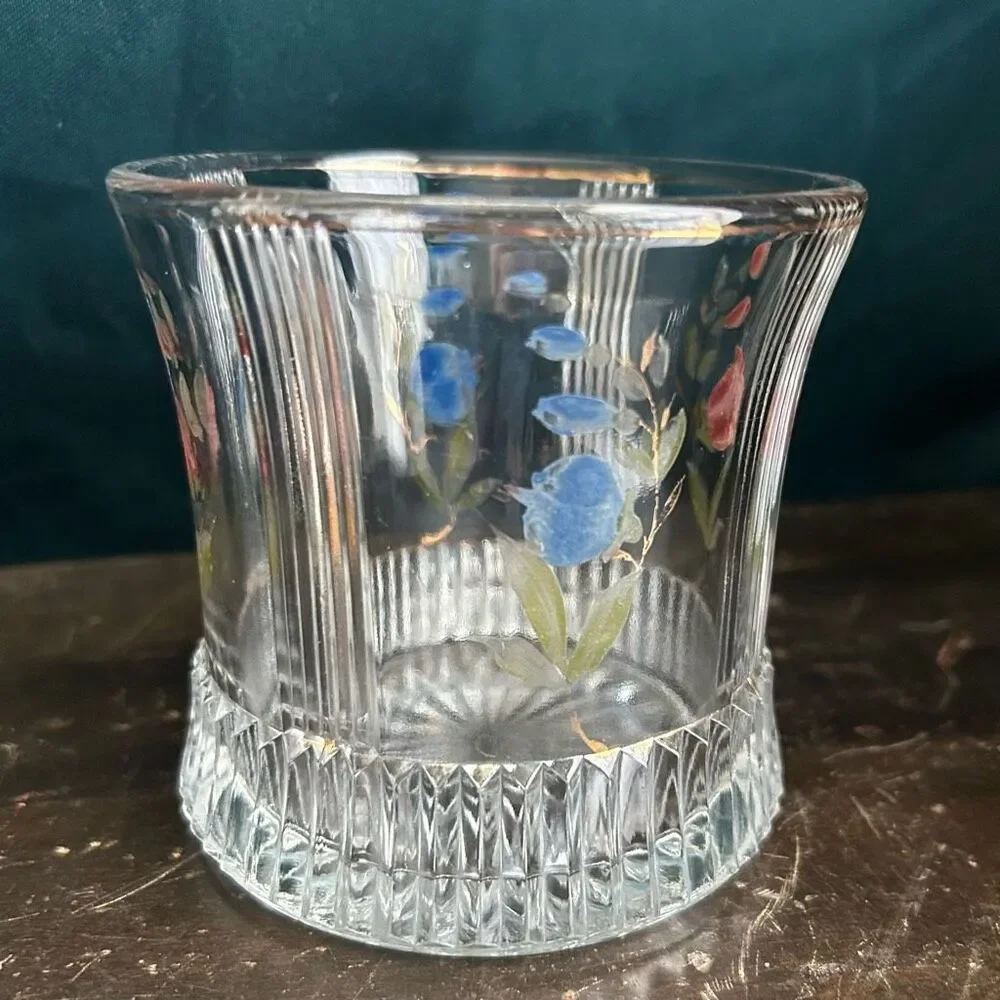 Vintage Cut Glass Hand Painted Spooner Short Vase UV Glow